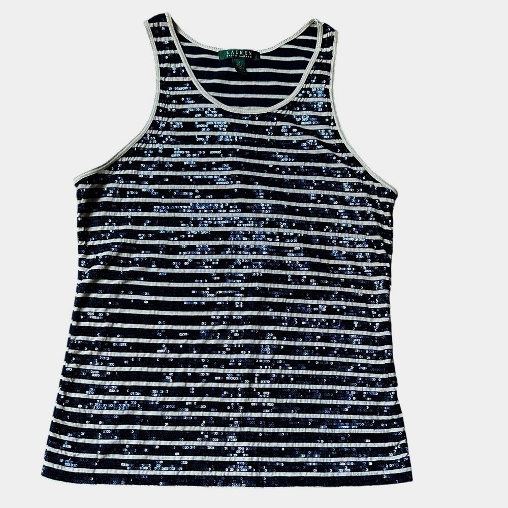Lauren Ralph Lauren Navy and Cream Striped Sequin Tank Top Cotton Medium